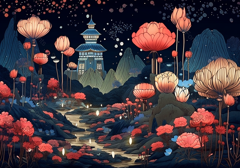 花好月圆高山流水下牡丹盛开插画,插画/手绘图,插画/手绘图库,插画/手绘图下载,插画/手绘